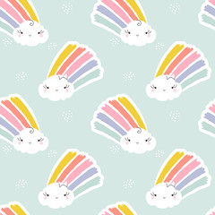 Seamless pattern of kawaii rain cloud with rainbow. Creative vector design for cute wallpaper or funny packaging