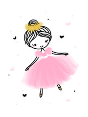 Obraz na płótnie Canvas Cute dancing ballerina in pink transparent skirt. Hand drawn cartoon with adorable little ballet dancer. Simple vector illustration isolated on white. Use for t-shirt print. Editable stroke