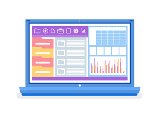 Graphics and folders, laptop with open website vector. Charts and schemes, business software and data, computer and working tools, isolated object