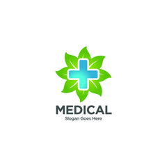 Medical Cross and Leaf for Health Pharmacy Logo Vector Template