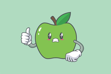 ANGRY, MAD, BAD MOOD Face Emotion. Thumb Up Gesture.Green Apple Mascot Illustration.