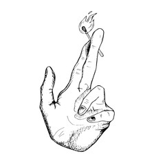Hand with a match finger crossed vector illustration. Pen&Ink. Graphic hand drawn sketch