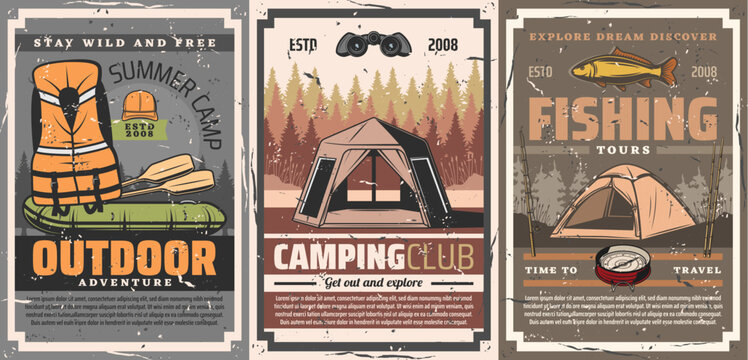 Active leisure, camping and rafting sport vector posters. Summer camp adventure tents and boat, life