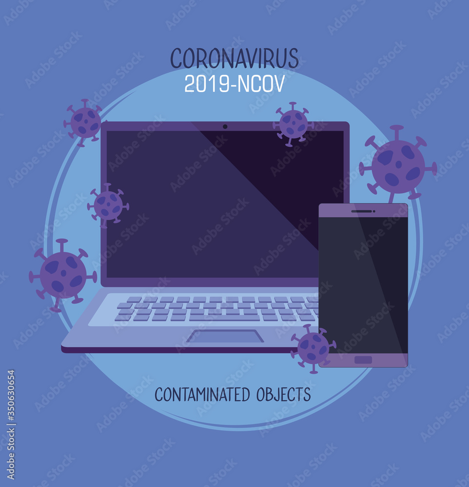 Wall mural smartphone with laptop contaminated of 2019 ncov vector illustration designs