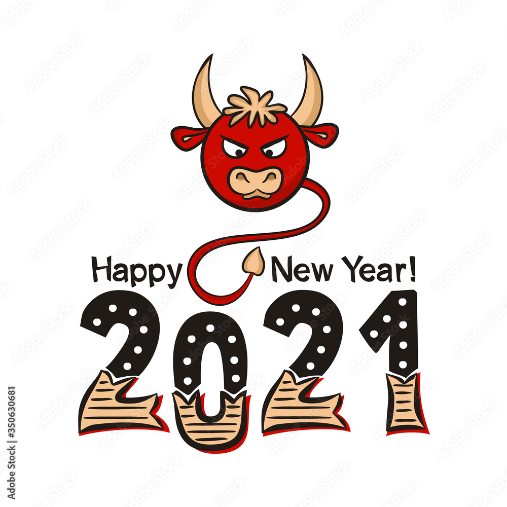 Fototapete happy new year 2021. lettering of hand-drawn numbers and red bull on a white background. 2021 calend