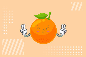 KISS, FLIRTY, SMILING EYE Face. Double Peace Finger Gesture. Orange Citrus Fruit Cartoon Mascot Illustration.