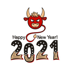 Happy new year 2021. Lettering of hand-drawn numbers and red bull on a white background. 2021 calendar heading. Vector illustration for the design of New Year cards and posters.