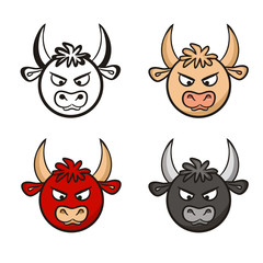 Set of hand-drawn evil bull icons. Black and white and color picture of a bull isolated on a white background. Vector illustration on the theme of anger, year of the bull, 2021 and nature.