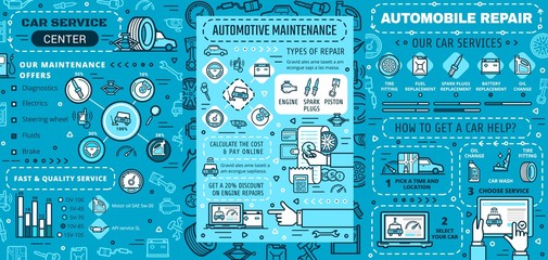 Car maintenance, repair service vector infographics. Car engine repair, diagnostics and maintenance graphs and charts. Wheel tyre, spark plugs and motor oil, battery, pistons, wrench and spanner fix