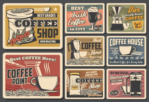Coffeebeans, cups and drinks vector posters. Cafe, coffee shop cups, sack with roasted beans, irish and cezva, americano and latte beverages. Mugs with hot drinks, percolator and filter, vintage cards