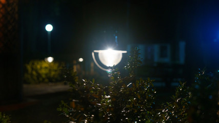 The backdrop is Bush that little light. Magic street lamp close-up with copyspace. Warm lantern light on a night background.