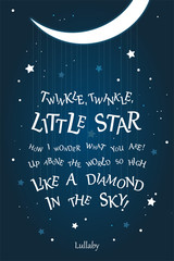 Lullaby lyrics stock vector illustration.Printable for poster, kids room wall decoration, cover, wallpaper. Moon night mood, starry sky. Twinkle, twinkle little star. 