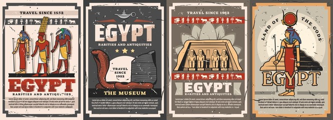 Egyptian gods, travel landmarks and culture vector posters. Isis, Amun, Hathor and Thoth deities, cobra snake, Abu Simbel temple and Djoser Pyramid. Egyptian antique civilization. Travel to Egypt