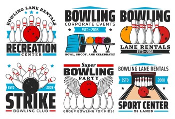 Bowling with skittles and ball on alley isolated vector icons. Sport and leisure game, recreation club, bowling center lane rentals and party service. Professional sports team tournament emblems set