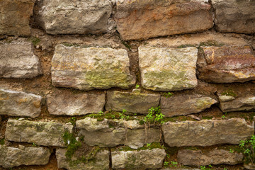 Old city wall of stone bricks with relief. Bricks with sprouted grass are laid in horizontal rows. Texture, background. Mock up. 