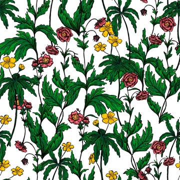 Geum Rivale and yellow Anemone flowers, wild plants decorative wallpaper. Hand drawn vector vintage seamless pattern. Botanical gentle floral background. Colorful design for wrap, textile, print etc.