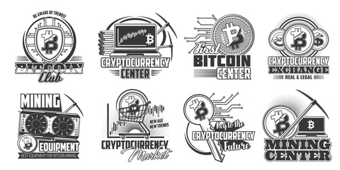 Bitcoin cryptocurrency mining vector icons. Monochrome digital trade service center, currency and exchange isolated symbols. Bitcoin mining equipment and technology icons