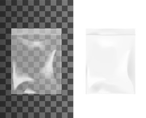 Plastic or cellophane zip bag, realistic isolated 3d vector mockup. Empty transparent pouches with zippers. Waterproof disposable blank plastic package mockup, cellophane or polythene zip bag © Vector Tradition