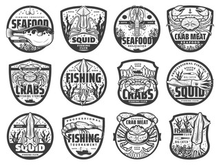 Sea fishing sport isolated icons, monochrome vector emblems for fishing club, tournament and fishery store. Fisher equipment, sea crab and fugu fish, ocean lobster and squid, shrimp and prawn