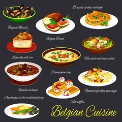 Belgian cuisine restaurant dishes vector set. Brussels spouts with eggs, potato and tuna salad, flemish style white asparagus, nut waffles and mushroom soup, liege cake, belgian mussels and bread