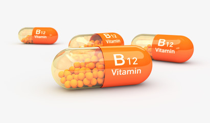 Vitamin B12, Capsule,Cobalamin, Illustration 3d - obrazy, fototapety, plakaty