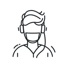 A child in a face protection mask line icon.Guy listening to music uses a medical mask to protect himself from flu, coronavirus and air pollution. Isolated vector healthcare illustration.
