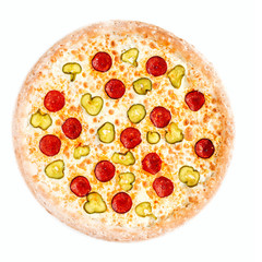 Pizza With salami, hunting cobaskas, tomato slices, pickled cucumbers, red onions and mozzarella cheese. White background. Isolated. Close-up. View from above. White background. Isolated.