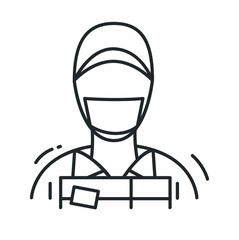 Delivery line icon. Delivery man in a  medical mask and holding a box .Isolated vector online shopping and express delivery illustration
