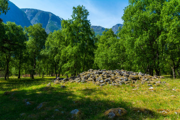 ancient viking grave in a forest in Norway near the town of Eidfjord