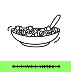 Granola line icon.Healthy breakfast yogurt or milk bowl with granola and fruits.Homemade granola recipe.Isolated linear food illustration.Editable stroke


