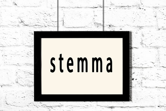 Black frame hanging on white brick wall with inscription stemma