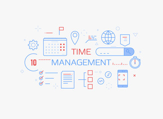 Time management concept banner. Blue and red colors. Time planning and day management. Day schedule and office items, calendar, docs. Modern vector line illustration.