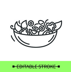 Vegetable salad line icon.Veggie fresh salad with bell pepper in a bowl. Homemade healthy lunch or dinner. Diet and vegetarian recipe.Isolated linear vector food illustration.Editable stroke
