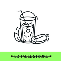 Cucumber smoothie cocktail line icon.Fresh veggie smoothies drink with cup and straw .Homemade healthy detox.Take away.Isolated linear vector vegetable drink illustration.Editable stroke
