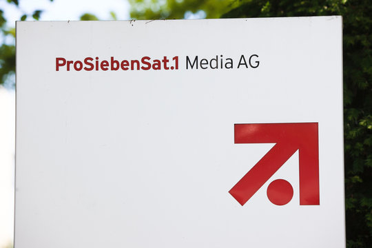 Unterföhring, Germany - May 29, 2011: Sign and logo at the main entrance of ProSiebenSat.1 Media AG one of the largest tv network in Germany.