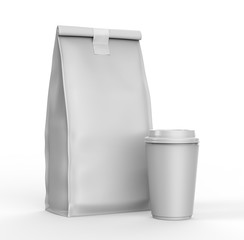 Blank Craft Brown Paper Bag Packaging For coffee beans with paper cup, dry fruits and other food items. 3d render illustration.