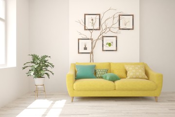 White living room with yellow sofa. Scandinavian interior design. 3D illustration