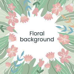 Abstract floral collage with copy space for logo, greeting text, title. Background of leaves and flowers. Banner with pastel colors and hand drawn elements. Vector.