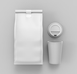 Blank Craft Brown Paper Bag Packaging For coffee beans with paper cup, dry fruits and other food items. 3d render illustration.