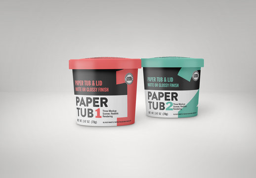 2 Glossy or Matte Paper Tubs with Lids Mockup