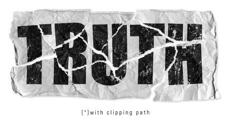 Truth concept (word) on a torn, crumpled and damaged piece of breaking paper. Isolated image with clipping path to remove and replace background easily.