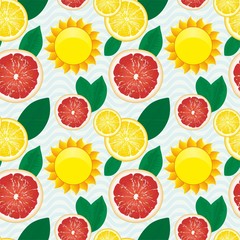 Seamless pattern with slices of lemons, grapefruits and sun. Bright yellow lemon, red grapefruit and Sun. The concept of summer, rest on a nice hot day. Vector illustration.