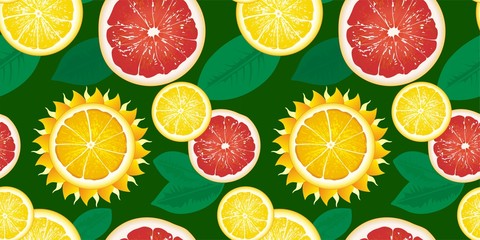 Seamless pattern with slices of lemons, grapefruits and sun. Bright yellow lemon, red grapefruit and Sun. The concept of summer, rest on a nice hot day. Vector illustration.