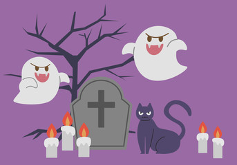 お墓の前に集まるおばけのイラスト。ハロウィーン向け。