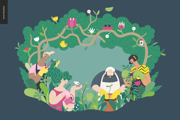 Obraz premium Gardening people, spring - modern flat vector concept illustration of people in the garden wearing aprons and gloves, gardening, watering, planting, cutting branches. Spring gardening concept