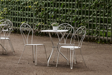 Empty cafe in the Park. Ban on visiting public places due to threat of coronavirus.