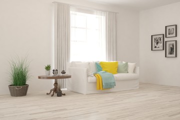 White living room with sofa. Scandinavian interior design. 3D illustration