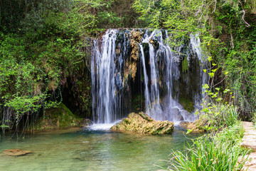 View of the Gorg of Moli-Murris waterfall in the stream of Cogolls, Planes of Hosteles, Catalonia, Spain