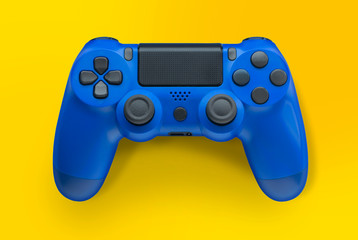 Blue video game controller isolated on a yellow background