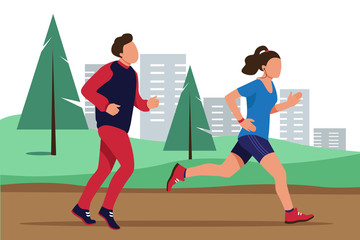 Young man and woman jogging in the park. Healthy lifestyle and fitness concept. Outdoor strength training. Vector flat illustration.